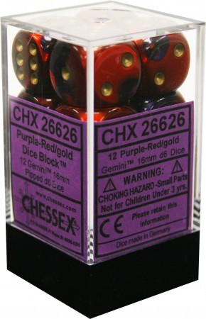 Chessex D6 Gemini 16mm d6 Purple-Red/gold Dice Block