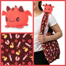 Load image into Gallery viewer, Tee Turtle - Plushie Tote Bag - Dark Red Tabletop Gaming Tote Bag and Red Dragon Plushie
