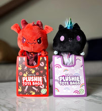 Load image into Gallery viewer, Tee Turtle - Plushie Tote Bag - Dark Red Tabletop Gaming Tote Bag and Red Dragon Plushie
