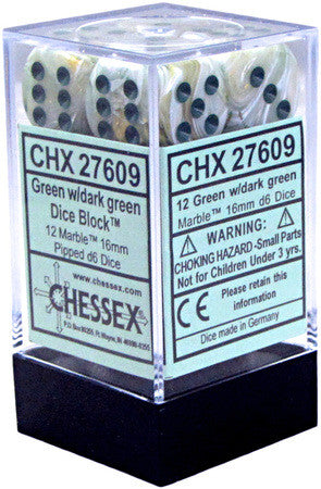 D6 Dice Marble 16mm Green/Dark Green (12 Dice in Display)