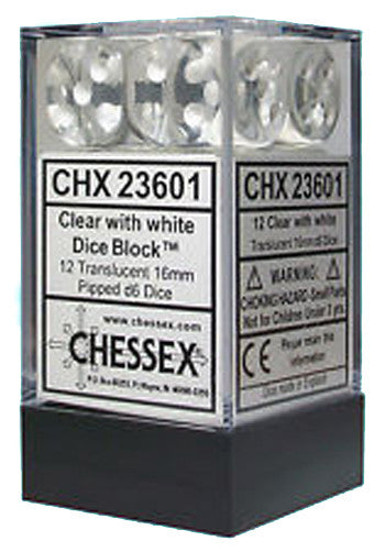 D6 Dice Translucent 16mm Clear/White (12 Dice in Display)