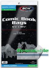 Load image into Gallery viewer, BCW Comic Book Bags Resealable Modern/Current Comic Books (6&quot; 7/8 x 10&quot; 1/2) (100 Bags Per Pack)
