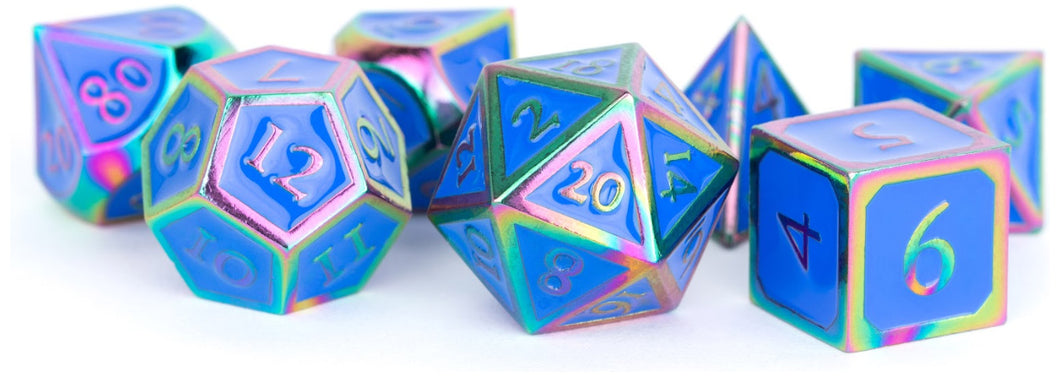 MDG Metal Polyhedral Dice Set - Rainbow/Blue Enamel