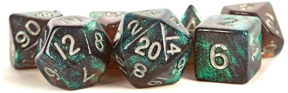 MDG Polyhedral Acrylic Dice Set 16mm with Silver Numbers- Stardust Gray