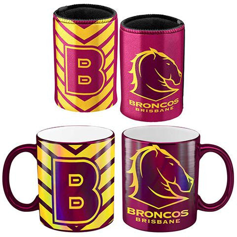 NRL Coffee Mug Metallic and Can Cooler Pack Brisbane Broncos