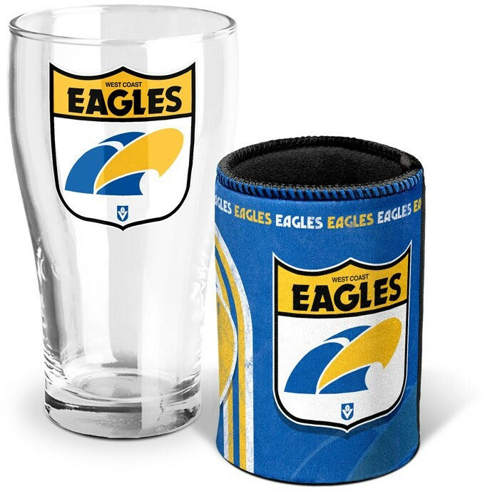 AFL Pint Glass and Can Cooler Heritage Logo Pack West Coast Eagles