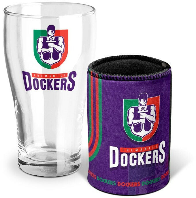 AFL Pint Glass and Can Cooler Heritage Logo Pack Fremantle Dockers