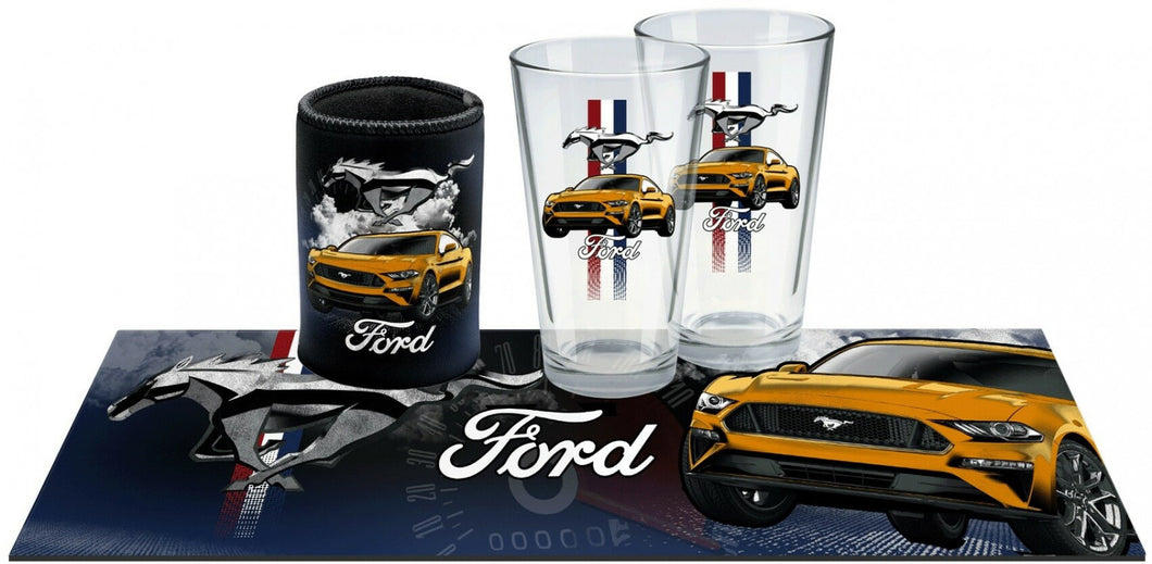 Ford Bar Essentials Gift Pack (Conicall Glasses Set of 2, Can Cooler and Bar Mat)