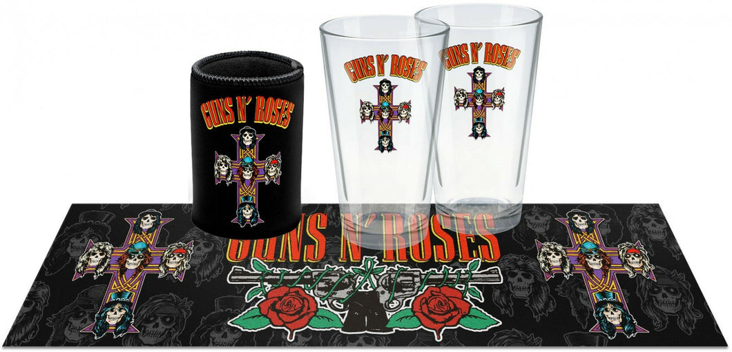 Guns n Roses Bar Essentials Pack (Conical Glasses Set of 2, Can Cooler and Bar Mat)