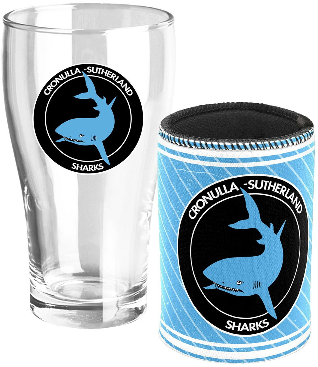 NRL Pint Glass and Can Cooler Heritage Logo Pack Cronulla Sutherland Sharks