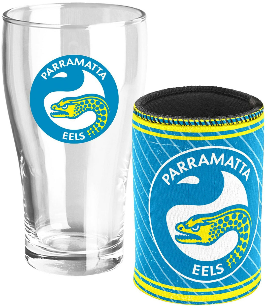 NRL Pint Glass and Can Cooler Heritage Logo Pack Parramatta Eels