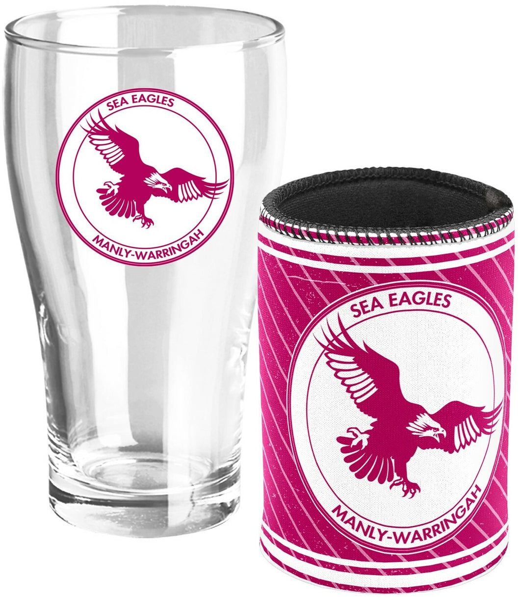 NRL Pint Glass and Can Cooler Heritage Logo Pack Manly Warringah Sea Eagles