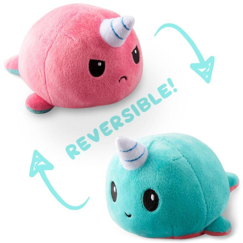 Reversible Plushie - Angry Happy Narwhal Light Blue/Light Pink Plush